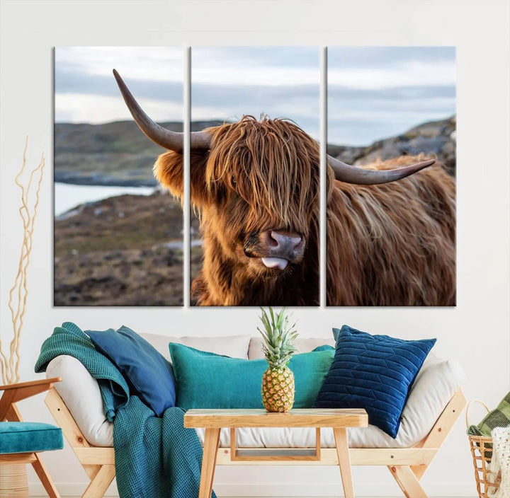 The Cuddly Highland Cow Canvas Photo Wall Art Print, featuring Highlands art and a cute animal theme, is gallery wrapped on museum-quality canvas with a UV-protective coating.