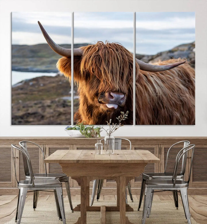 The Cuddly Highland Cow Canvas Photo Wall Art Print, featuring Highlands art and a cute animal theme, is gallery wrapped on museum-quality canvas with a UV-protective coating.