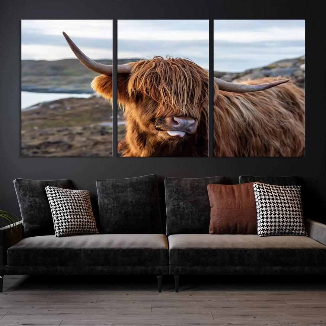 The Cuddly Highland Cow Canvas Photo Wall Art Print, featuring Highlands art and a cute animal theme, is gallery wrapped on museum-quality canvas with a UV-protective coating.