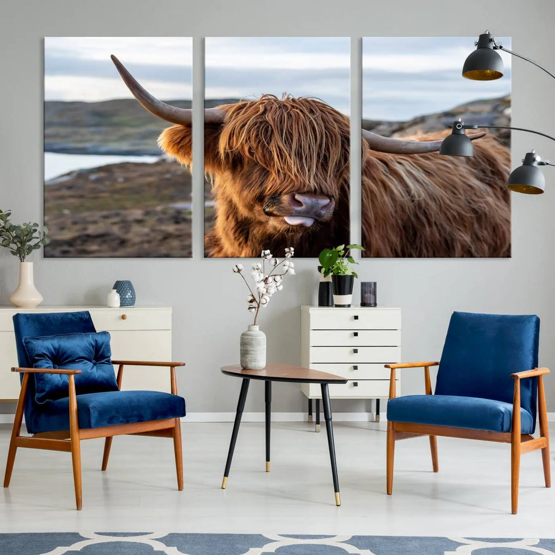 The Cuddly Highland Cow Canvas Photo Wall Art Print, featuring Highlands art and a cute animal theme, is gallery wrapped on museum-quality canvas with a UV-protective coating.