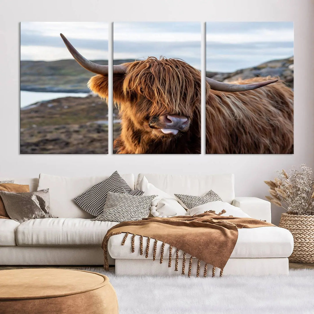 The Cuddly Highland Cow Canvas Photo Wall Art Print, featuring Highlands art and a cute animal theme, is gallery wrapped on museum-quality canvas with a UV-protective coating.