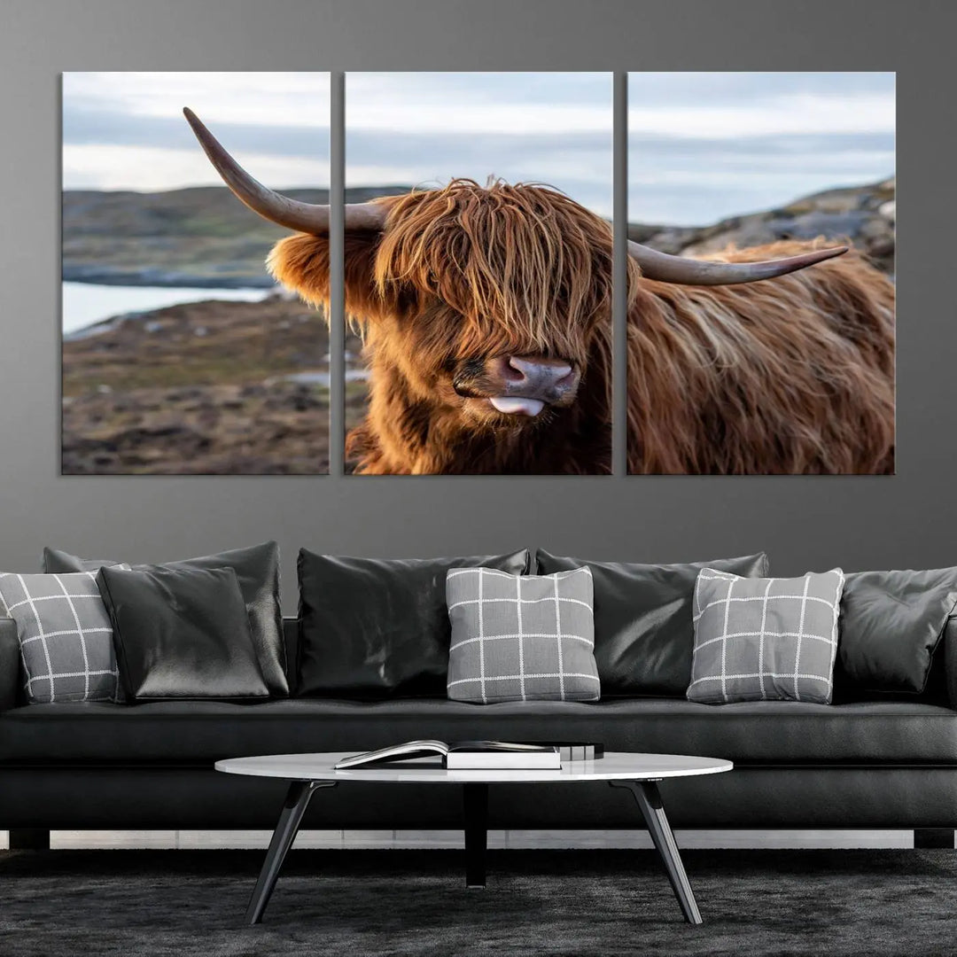 The Cuddly Highland Cow Canvas Photo Wall Art Print, featuring Highlands art and a cute animal theme, is gallery wrapped on museum-quality canvas with a UV-protective coating.