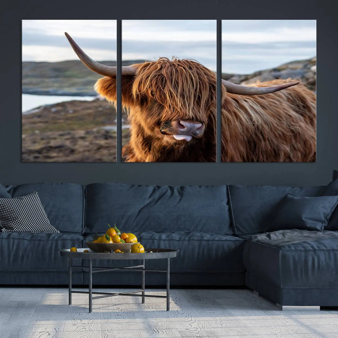 The Cuddly Highland Cow Canvas Photo Wall Art Print, featuring Highlands art and a cute animal theme, is gallery wrapped on museum-quality canvas with a UV-protective coating.