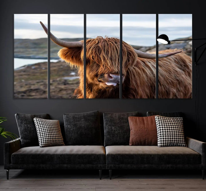 The Cuddly Highland Cow Canvas Photo Wall Art Print, featuring Highlands art and a cute animal theme, is gallery wrapped on museum-quality canvas with a UV-protective coating.