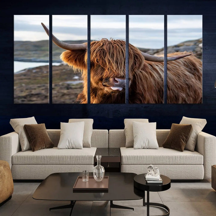 The Cuddly Highland Cow Canvas Photo Wall Art Print, featuring Highlands art and a cute animal theme, is gallery wrapped on museum-quality canvas with a UV-protective coating.