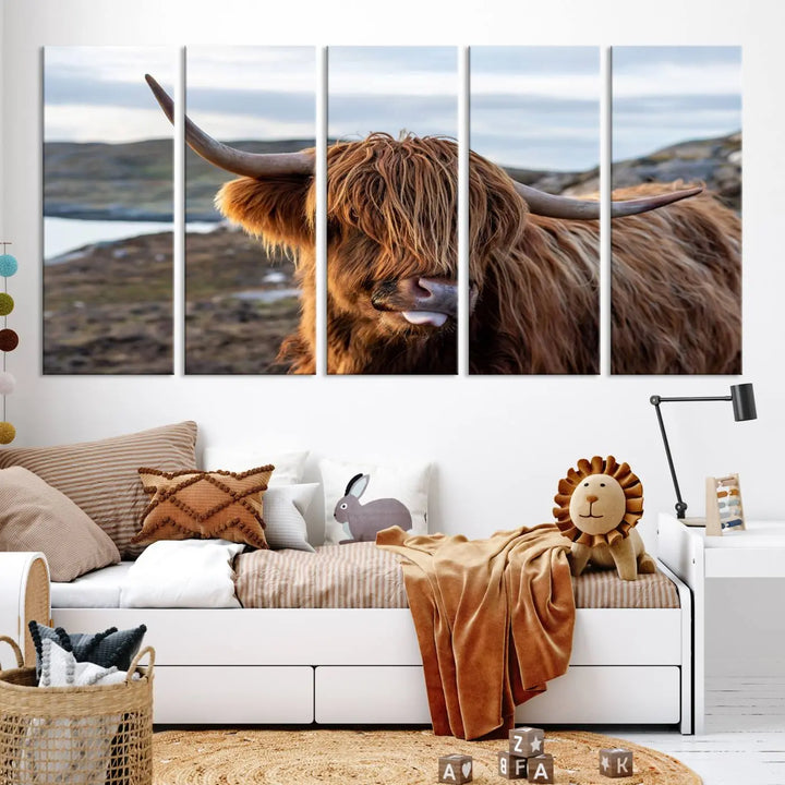 The Cuddly Highland Cow Canvas Photo Wall Art Print, featuring Highlands art and a cute animal theme, is gallery wrapped on museum-quality canvas with a UV-protective coating.