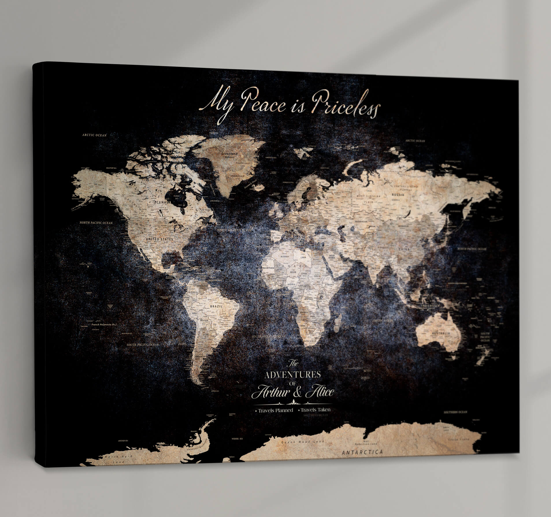 -Personalized World Map Canvas Wall Art Custom Framed Push Pin Travel Tracker Print Unique Gift for Home, Office Decor