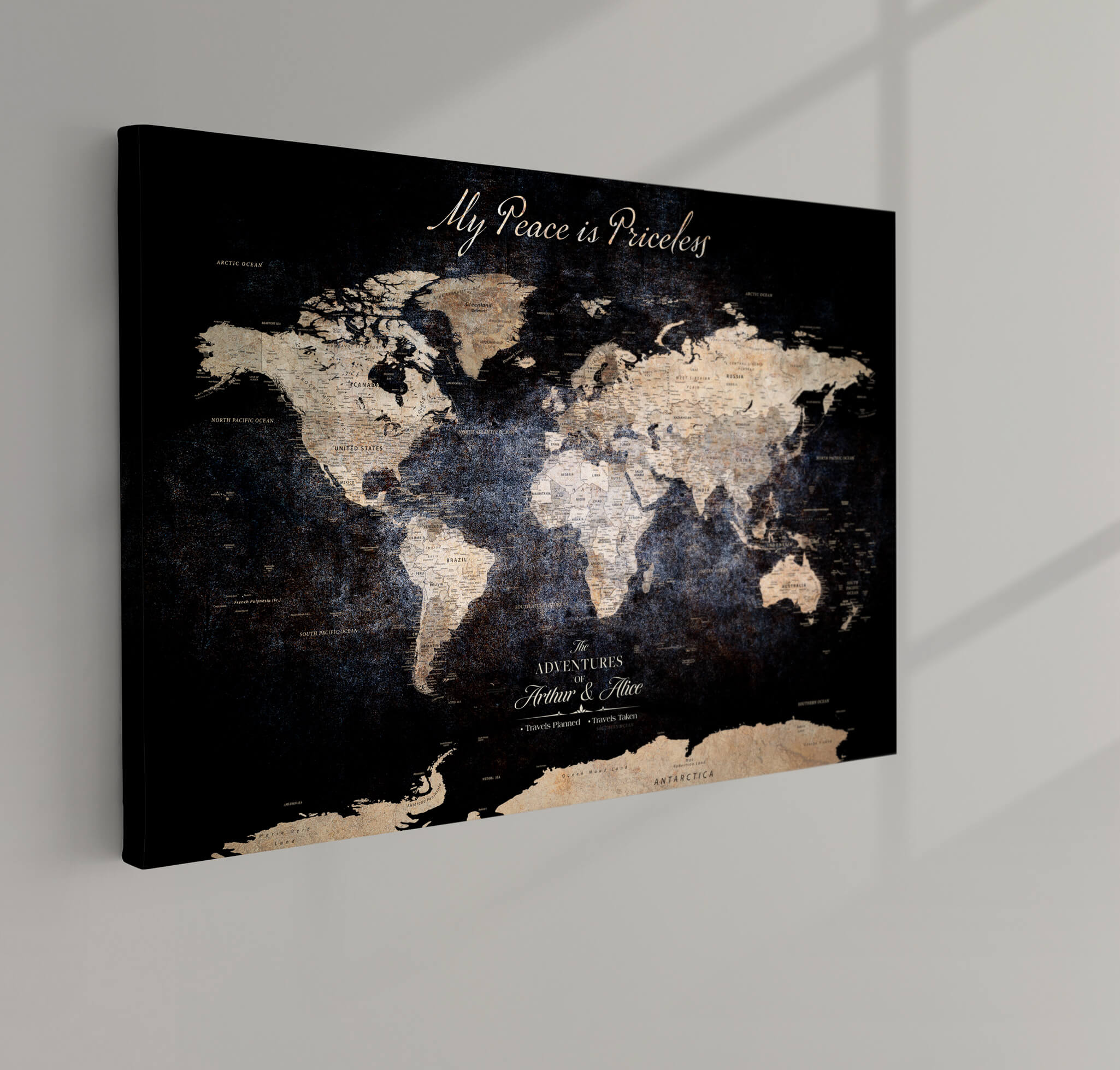 -Personalized World Map Canvas Wall Art Custom Framed Push Pin Travel Tracker Print Unique Gift for Home, Office Decor