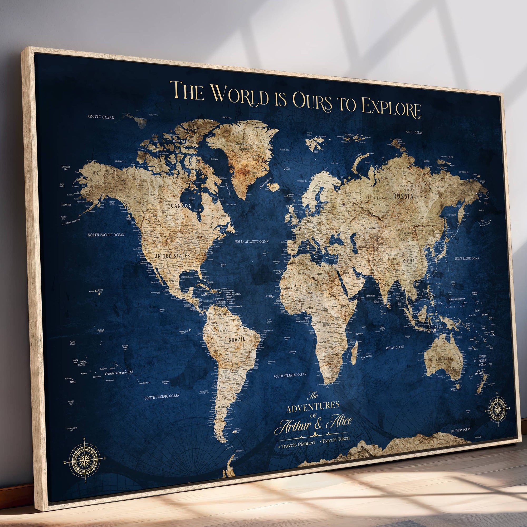 Rehber01-MGV-CV-36X24-Custom Push Pin World Map Personalized Travel Tracker Canvas Gift Framed Anniversary Decor for Home, Office