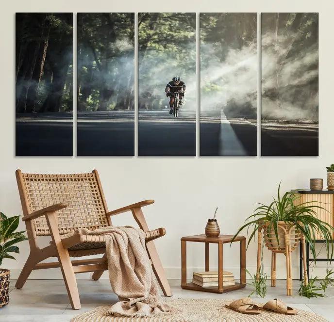 A cyclist rides through a misty forest in the "Cycling Road Bike in the Morning" artwork, divided into three panels on gallery-wrapped, museum-quality canvas.