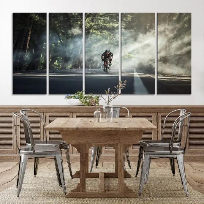 A cyclist rides through a misty forest in the "Cycling Road Bike in the Morning" artwork, divided into three panels on gallery-wrapped, museum-quality canvas.