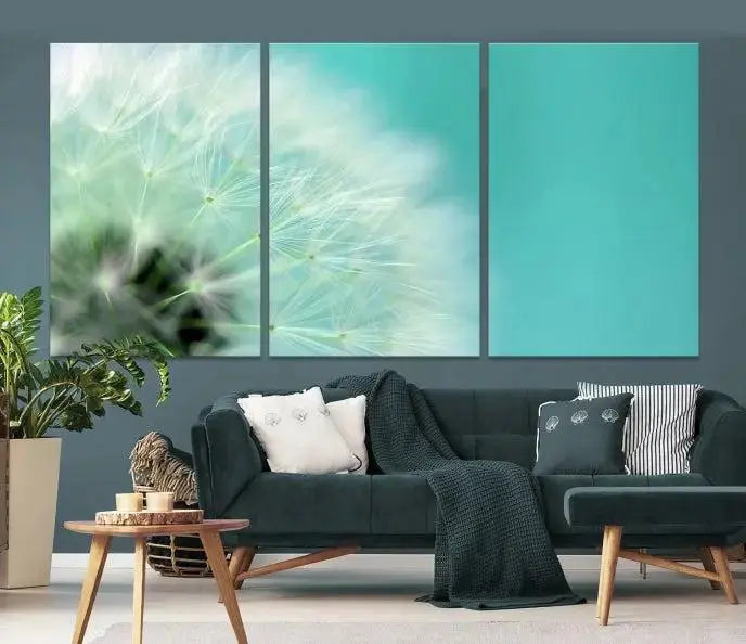 The room is elegantly enhanced by the DANDELION Flower Wall Art Canvas Print, showcasing a close-up of a dandelion in a triptych format. Printed on museum-quality canvas with UV-protective coating, this piece adds sophistication to any modern living room. Enjoy the added convenience of free shipping.