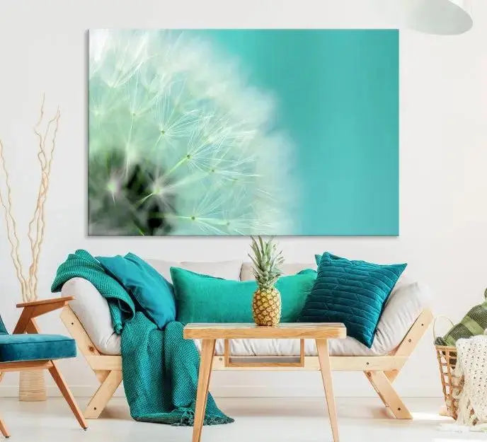 The room is elegantly enhanced by the DANDELION Flower Wall Art Canvas Print, showcasing a close-up of a dandelion in a triptych format. Printed on museum-quality canvas with UV-protective coating, this piece adds sophistication to any modern living room. Enjoy the added convenience of free shipping.