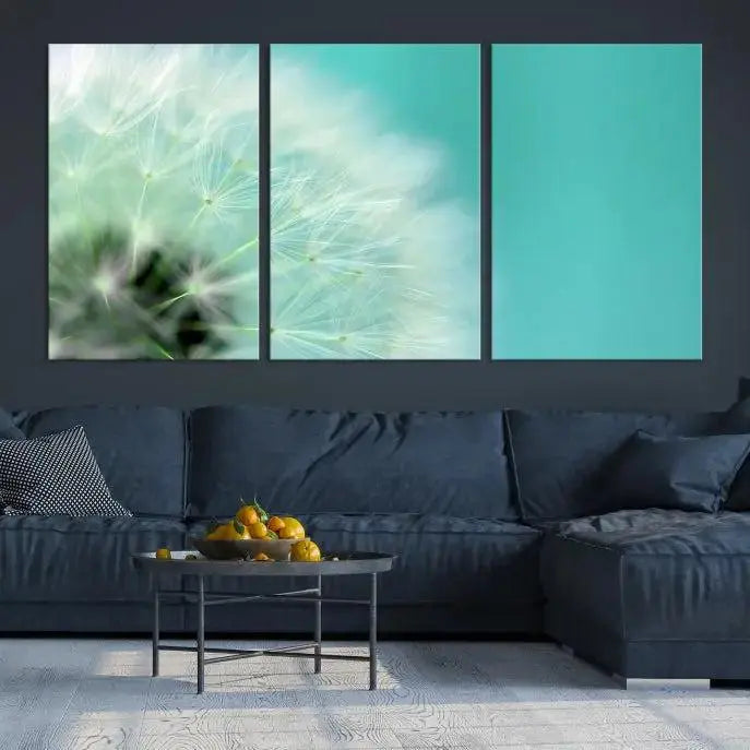 The room is elegantly enhanced by the DANDELION Flower Wall Art Canvas Print, showcasing a close-up of a dandelion in a triptych format. Printed on museum-quality canvas with UV-protective coating, this piece adds sophistication to any modern living room. Enjoy the added convenience of free shipping.