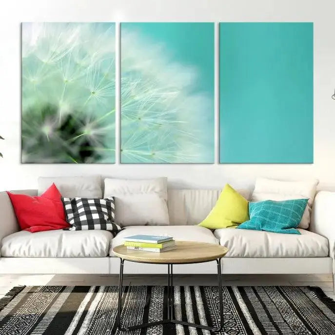 The room is elegantly enhanced by the DANDELION Flower Wall Art Canvas Print, showcasing a close-up of a dandelion in a triptych format. Printed on museum-quality canvas with UV-protective coating, this piece adds sophistication to any modern living room. Enjoy the added convenience of free shipping.