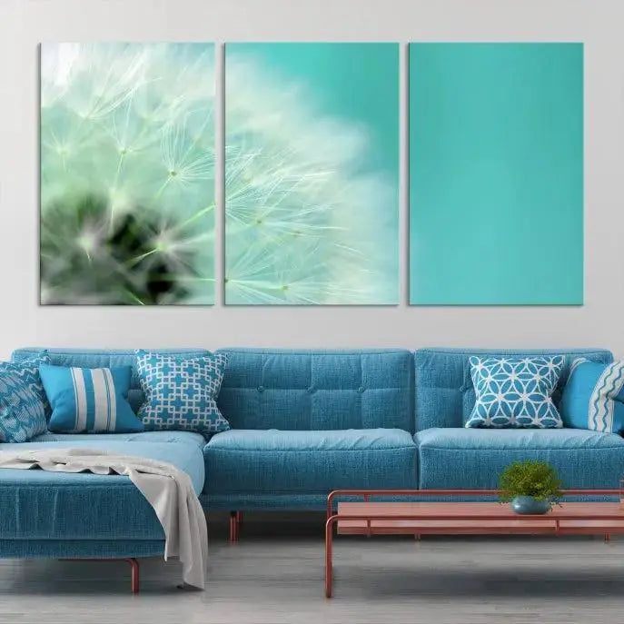 The room is elegantly enhanced by the DANDELION Flower Wall Art Canvas Print, showcasing a close-up of a dandelion in a triptych format. Printed on museum-quality canvas with UV-protective coating, this piece adds sophistication to any modern living room. Enjoy the added convenience of free shipping.