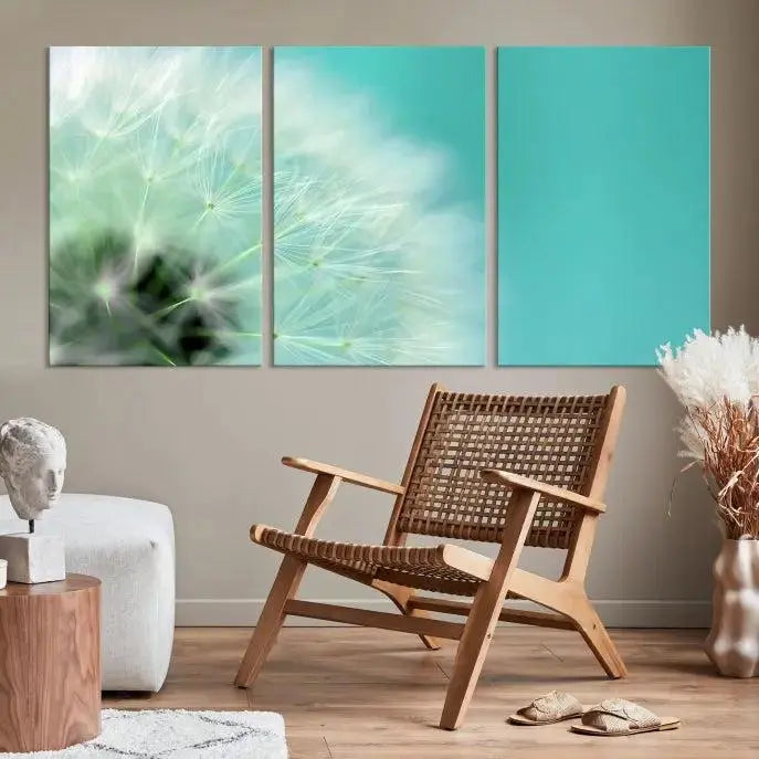 The room is elegantly enhanced by the DANDELION Flower Wall Art Canvas Print, showcasing a close-up of a dandelion in a triptych format. Printed on museum-quality canvas with UV-protective coating, this piece adds sophistication to any modern living room. Enjoy the added convenience of free shipping.