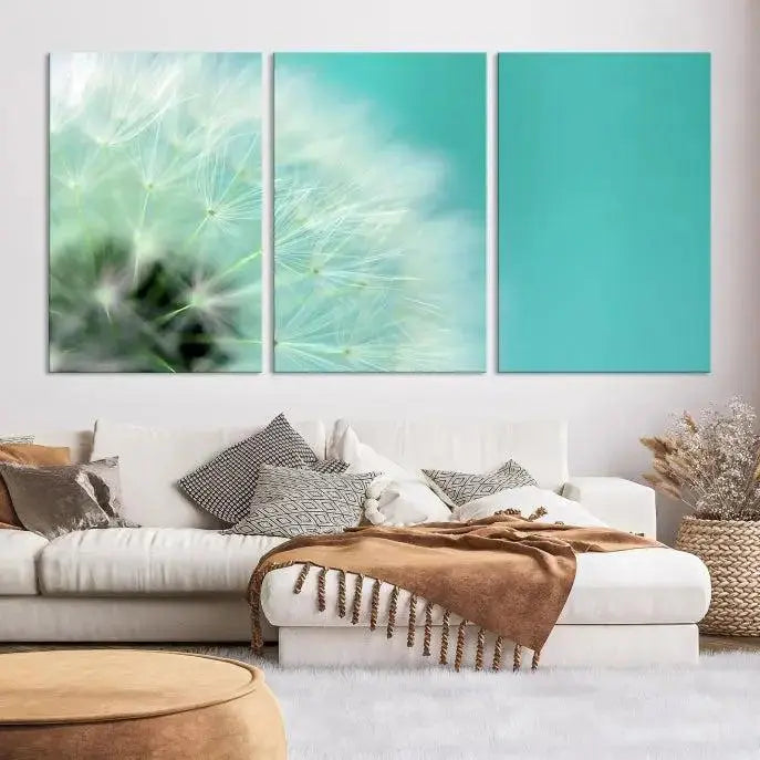 The room is elegantly enhanced by the DANDELION Flower Wall Art Canvas Print, showcasing a close-up of a dandelion in a triptych format. Printed on museum-quality canvas with UV-protective coating, this piece adds sophistication to any modern living room. Enjoy the added convenience of free shipping.