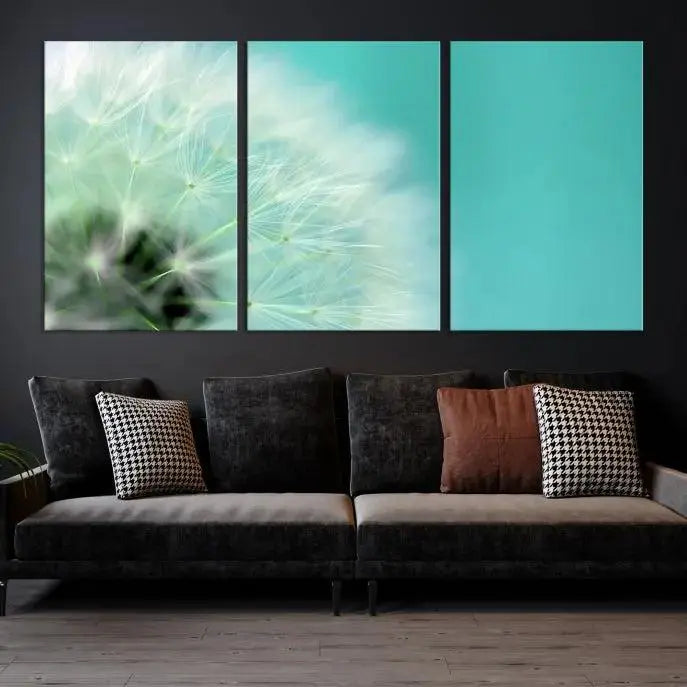 The room is elegantly enhanced by the DANDELION Flower Wall Art Canvas Print, showcasing a close-up of a dandelion in a triptych format. Printed on museum-quality canvas with UV-protective coating, this piece adds sophistication to any modern living room. Enjoy the added convenience of free shipping.