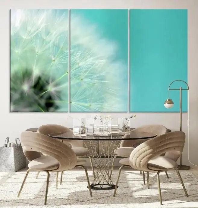 The room is elegantly enhanced by the DANDELION Flower Wall Art Canvas Print, showcasing a close-up of a dandelion in a triptych format. Printed on museum-quality canvas with UV-protective coating, this piece adds sophistication to any modern living room. Enjoy the added convenience of free shipping.