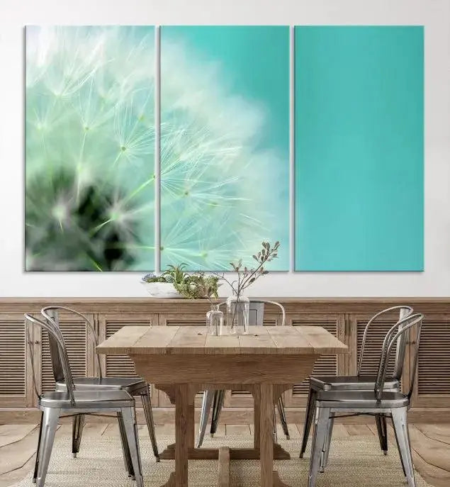 The room is elegantly enhanced by the DANDELION Flower Wall Art Canvas Print, showcasing a close-up of a dandelion in a triptych format. Printed on museum-quality canvas with UV-protective coating, this piece adds sophistication to any modern living room. Enjoy the added convenience of free shipping.