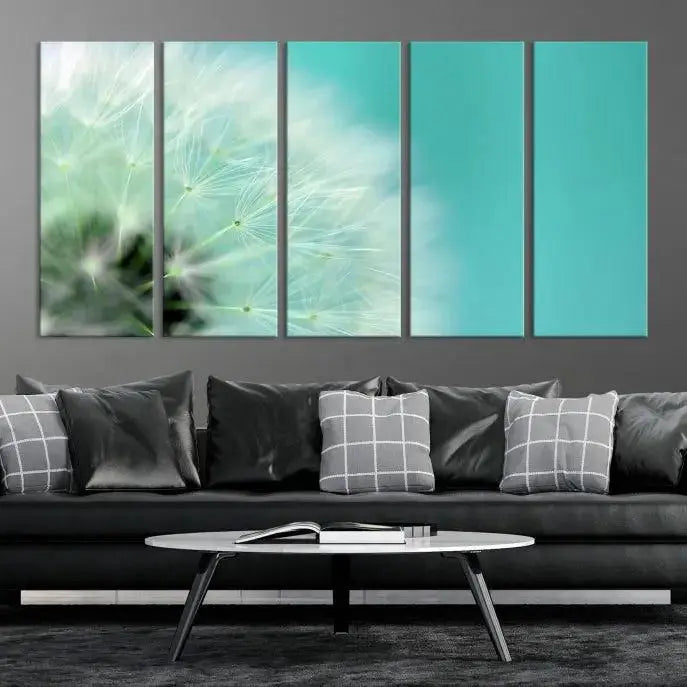 The room is elegantly enhanced by the DANDELION Flower Wall Art Canvas Print, showcasing a close-up of a dandelion in a triptych format. Printed on museum-quality canvas with UV-protective coating, this piece adds sophistication to any modern living room. Enjoy the added convenience of free shipping.