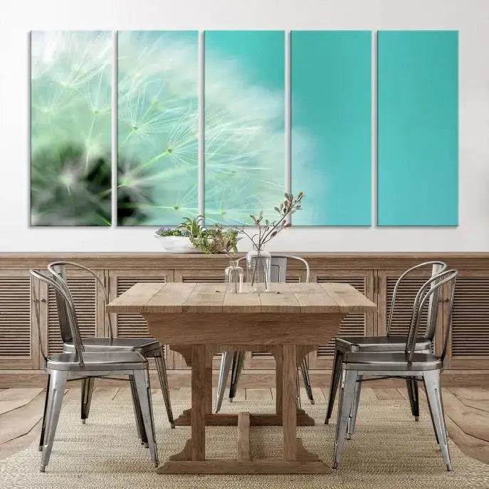 The room is elegantly enhanced by the DANDELION Flower Wall Art Canvas Print, showcasing a close-up of a dandelion in a triptych format. Printed on museum-quality canvas with UV-protective coating, this piece adds sophistication to any modern living room. Enjoy the added convenience of free shipping.