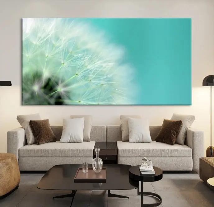 The room is elegantly enhanced by the DANDELION Flower Wall Art Canvas Print, showcasing a close-up of a dandelion in a triptych format. Printed on museum-quality canvas with UV-protective coating, this piece adds sophistication to any modern living room. Enjoy the added convenience of free shipping.