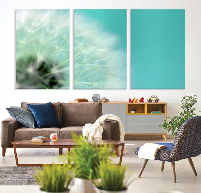 The room is elegantly enhanced by the DANDELION Flower Wall Art Canvas Print, showcasing a close-up of a dandelion in a triptych format. Printed on museum-quality canvas with UV-protective coating, this piece adds sophistication to any modern living room. Enjoy the added convenience of free shipping.