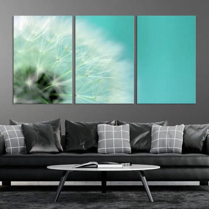 The room is elegantly enhanced by the DANDELION Flower Wall Art Canvas Print, showcasing a close-up of a dandelion in a triptych format. Printed on museum-quality canvas with UV-protective coating, this piece adds sophistication to any modern living room. Enjoy the added convenience of free shipping.