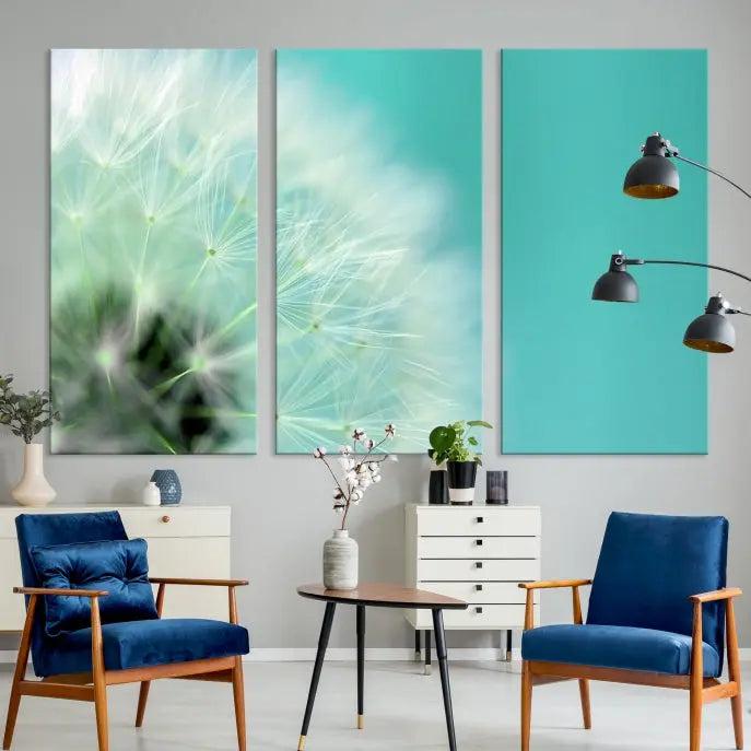 The room is elegantly enhanced by the DANDELION Flower Wall Art Canvas Print, showcasing a close-up of a dandelion in a triptych format. Printed on museum-quality canvas with UV-protective coating, this piece adds sophistication to any modern living room. Enjoy the added convenience of free shipping.