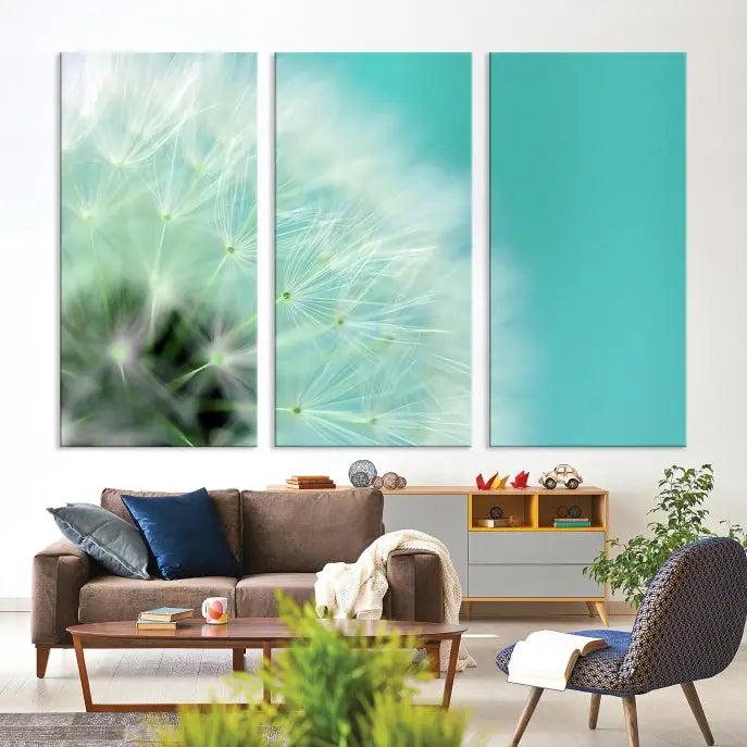 The room is elegantly enhanced by the DANDELION Flower Wall Art Canvas Print, showcasing a close-up of a dandelion in a triptych format. Printed on museum-quality canvas with UV-protective coating, this piece adds sophistication to any modern living room. Enjoy the added convenience of free shipping.