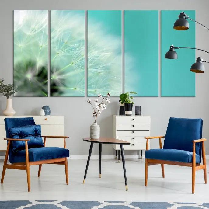 The room is elegantly enhanced by the DANDELION Flower Wall Art Canvas Print, showcasing a close-up of a dandelion in a triptych format. Printed on museum-quality canvas with UV-protective coating, this piece adds sophistication to any modern living room. Enjoy the added convenience of free shipping.