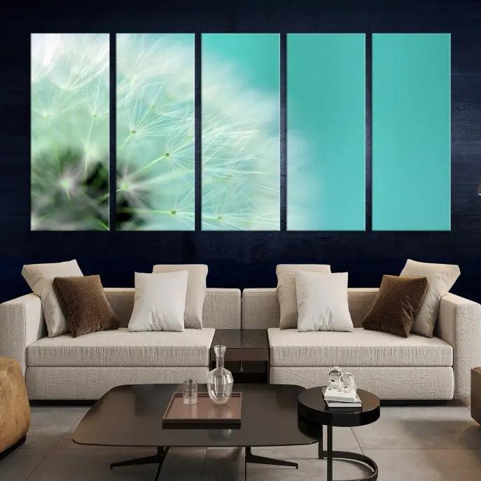 The room is elegantly enhanced by the DANDELION Flower Wall Art Canvas Print, showcasing a close-up of a dandelion in a triptych format. Printed on museum-quality canvas with UV-protective coating, this piece adds sophistication to any modern living room. Enjoy the added convenience of free shipping.