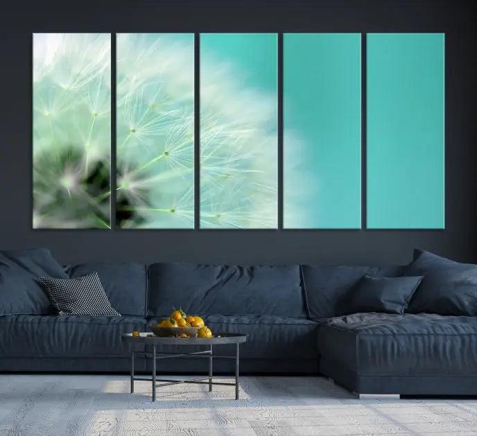 The room is elegantly enhanced by the DANDELION Flower Wall Art Canvas Print, showcasing a close-up of a dandelion in a triptych format. Printed on museum-quality canvas with UV-protective coating, this piece adds sophistication to any modern living room. Enjoy the added convenience of free shipping.