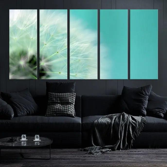 The room is elegantly enhanced by the DANDELION Flower Wall Art Canvas Print, showcasing a close-up of a dandelion in a triptych format. Printed on museum-quality canvas with UV-protective coating, this piece adds sophistication to any modern living room. Enjoy the added convenience of free shipping.