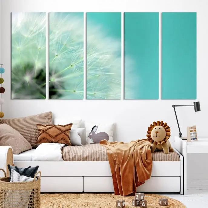 The room is elegantly enhanced by the DANDELION Flower Wall Art Canvas Print, showcasing a close-up of a dandelion in a triptych format. Printed on museum-quality canvas with UV-protective coating, this piece adds sophistication to any modern living room. Enjoy the added convenience of free shipping.