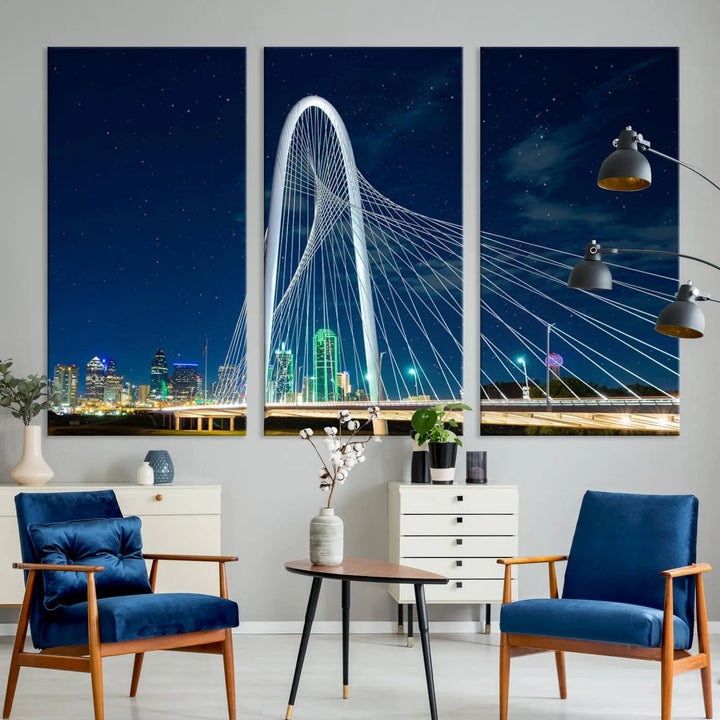 The living room features an eye-catching three-panel "Dallas City Bridge Lights Night Skyline Cityscape View Wall Art Canvas Print," beautifully presented on museum-quality canvas. Each piece is gallery wrapped and finished with a UV-protective coating to maintain its vibrant appeal.