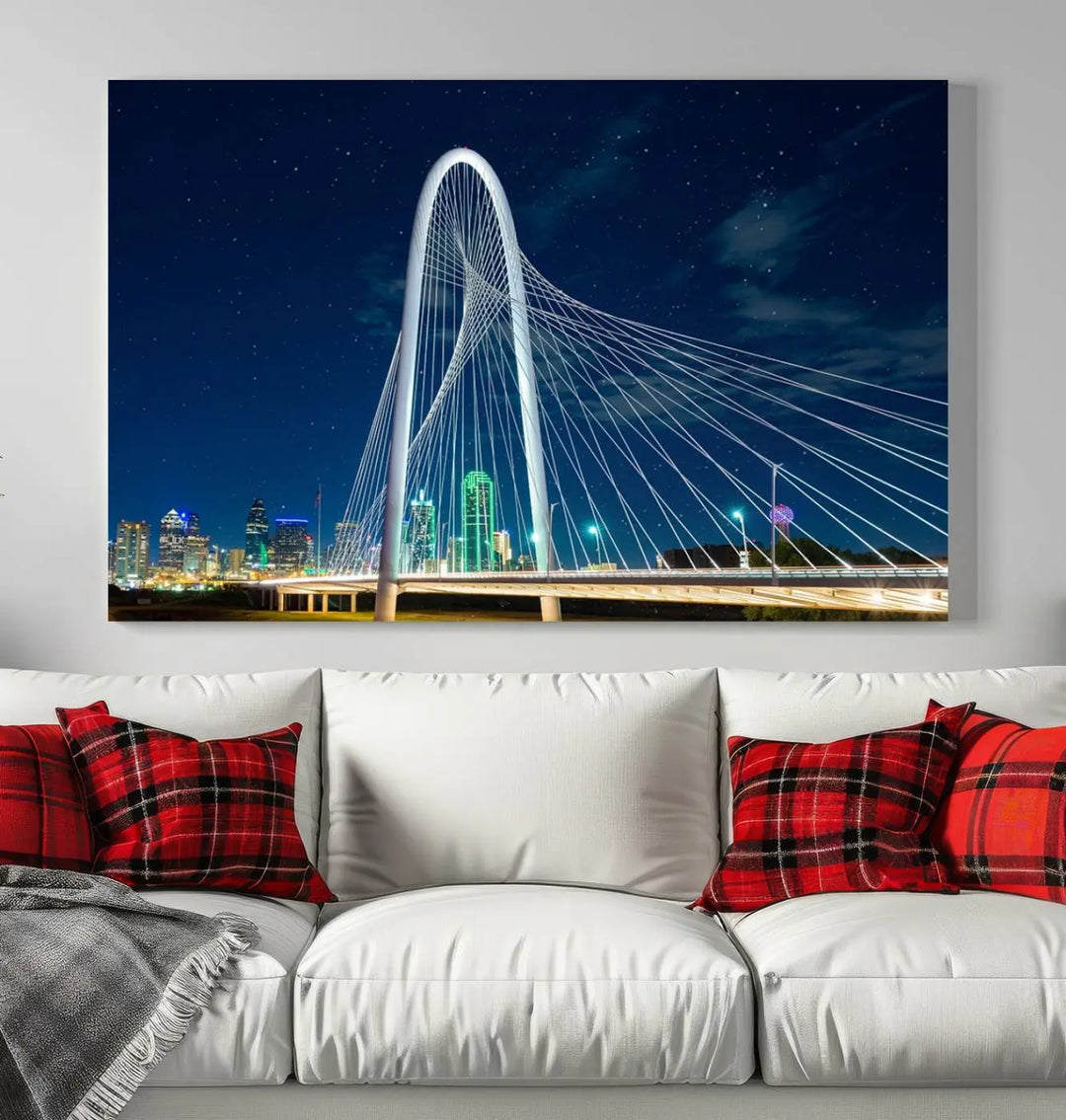 The living room features an eye-catching three-panel "Dallas City Bridge Lights Night Skyline Cityscape View Wall Art Canvas Print," beautifully presented on museum-quality canvas. Each piece is gallery wrapped and finished with a UV-protective coating to maintain its vibrant appeal.