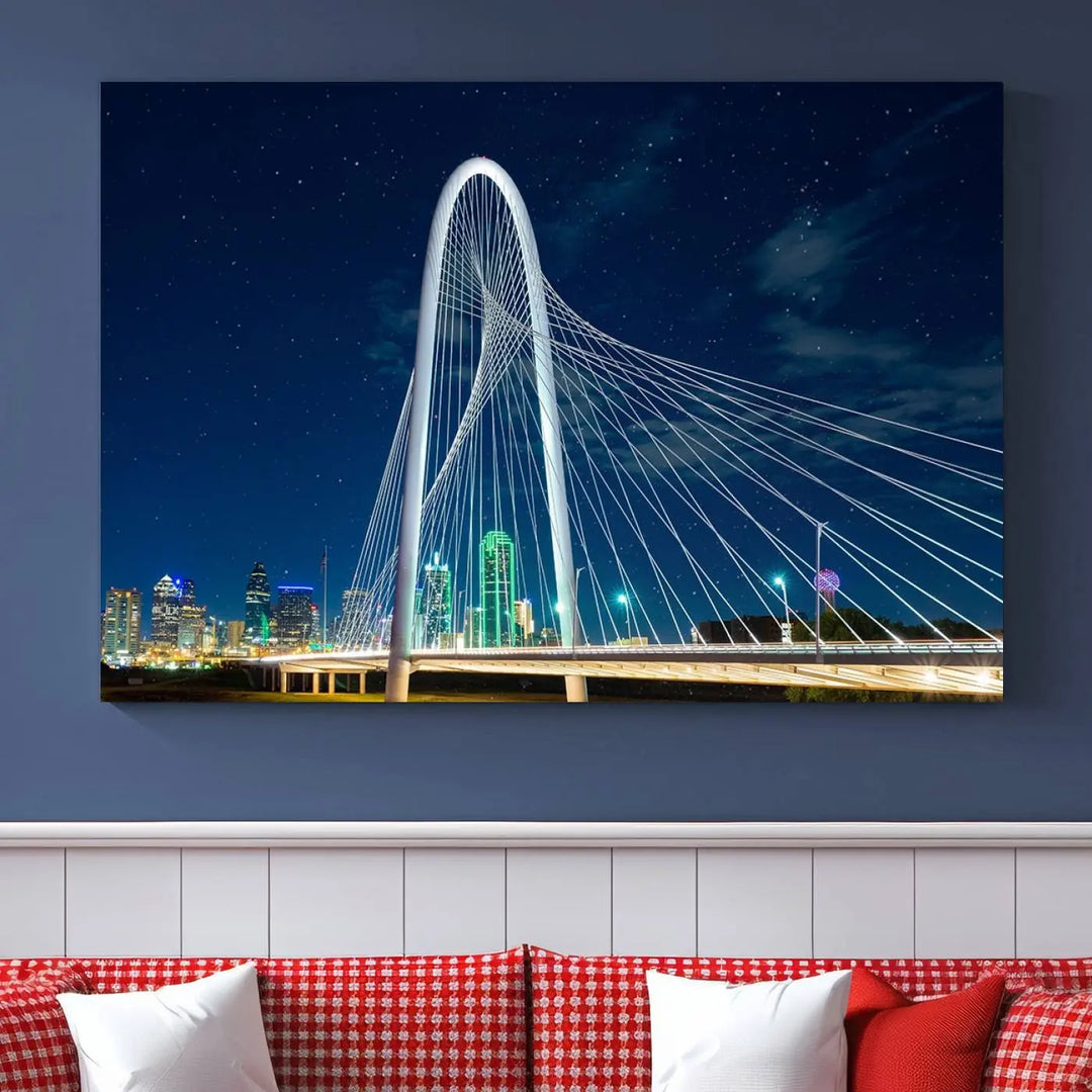 The living room features an eye-catching three-panel "Dallas City Bridge Lights Night Skyline Cityscape View Wall Art Canvas Print," beautifully presented on museum-quality canvas. Each piece is gallery wrapped and finished with a UV-protective coating to maintain its vibrant appeal.