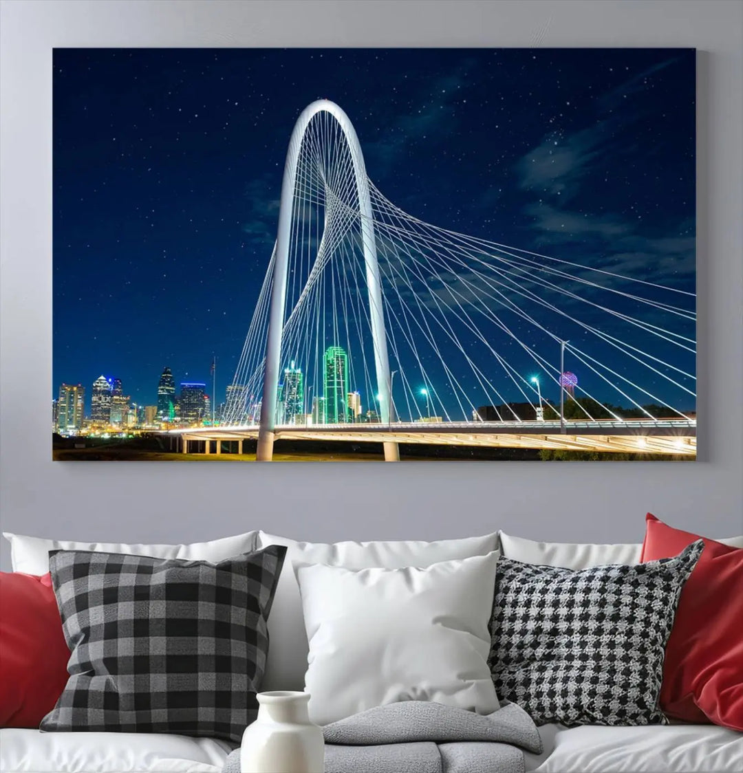 The living room features an eye-catching three-panel "Dallas City Bridge Lights Night Skyline Cityscape View Wall Art Canvas Print," beautifully presented on museum-quality canvas. Each piece is gallery wrapped and finished with a UV-protective coating to maintain its vibrant appeal.