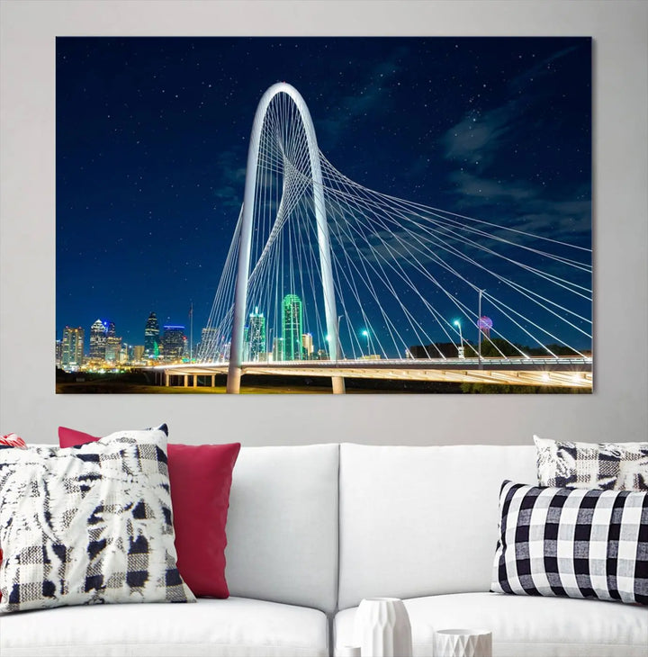 The living room features an eye-catching three-panel "Dallas City Bridge Lights Night Skyline Cityscape View Wall Art Canvas Print," beautifully presented on museum-quality canvas. Each piece is gallery wrapped and finished with a UV-protective coating to maintain its vibrant appeal.