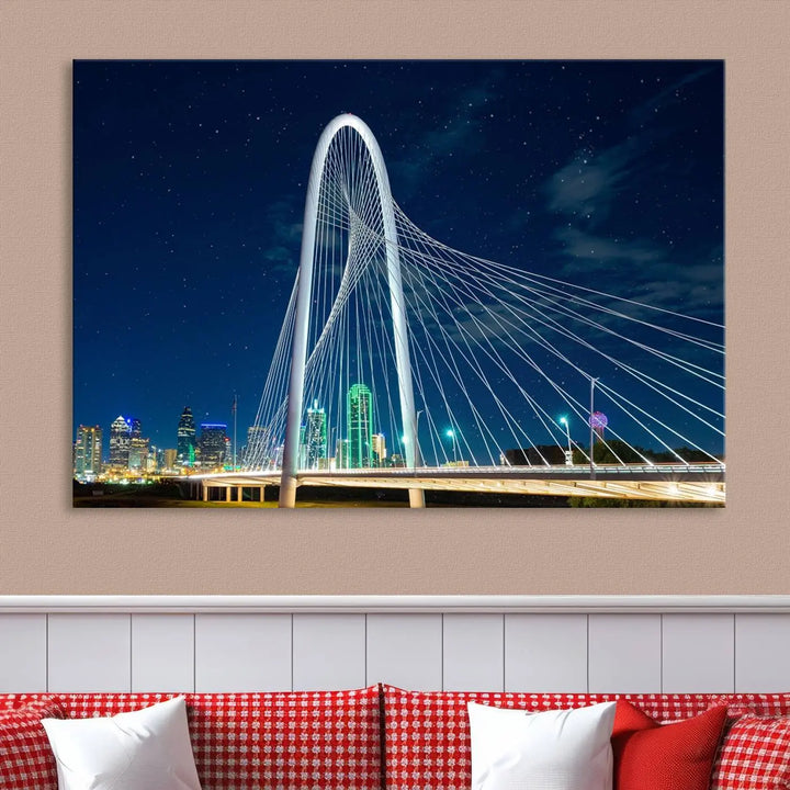 The living room features an eye-catching three-panel "Dallas City Bridge Lights Night Skyline Cityscape View Wall Art Canvas Print," beautifully presented on museum-quality canvas. Each piece is gallery wrapped and finished with a UV-protective coating to maintain its vibrant appeal.