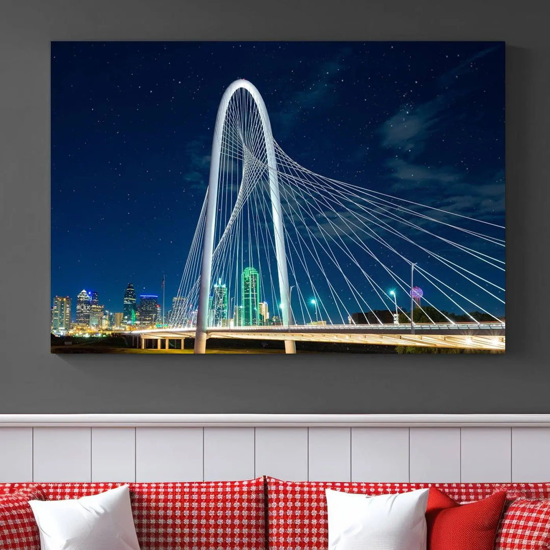 The living room features an eye-catching three-panel "Dallas City Bridge Lights Night Skyline Cityscape View Wall Art Canvas Print," beautifully presented on museum-quality canvas. Each piece is gallery wrapped and finished with a UV-protective coating to maintain its vibrant appeal.