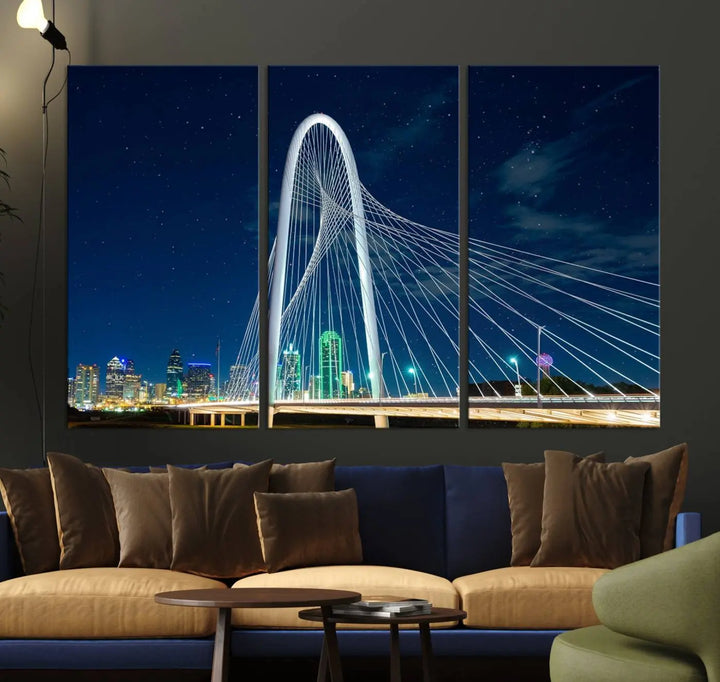 The living room features an eye-catching three-panel "Dallas City Bridge Lights Night Skyline Cityscape View Wall Art Canvas Print," beautifully presented on museum-quality canvas. Each piece is gallery wrapped and finished with a UV-protective coating to maintain its vibrant appeal.