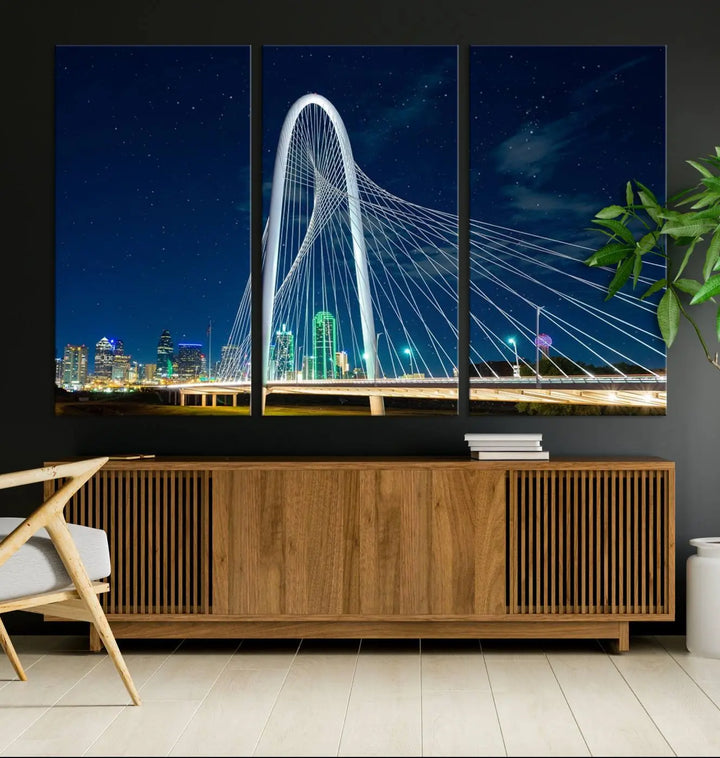 The living room features an eye-catching three-panel "Dallas City Bridge Lights Night Skyline Cityscape View Wall Art Canvas Print," beautifully presented on museum-quality canvas. Each piece is gallery wrapped and finished with a UV-protective coating to maintain its vibrant appeal.