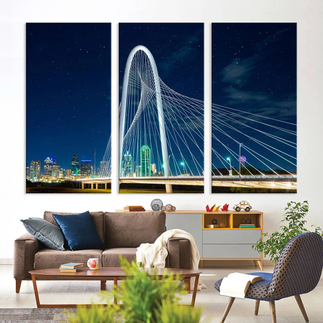 The living room features an eye-catching three-panel "Dallas City Bridge Lights Night Skyline Cityscape View Wall Art Canvas Print," beautifully presented on museum-quality canvas. Each piece is gallery wrapped and finished with a UV-protective coating to maintain its vibrant appeal.