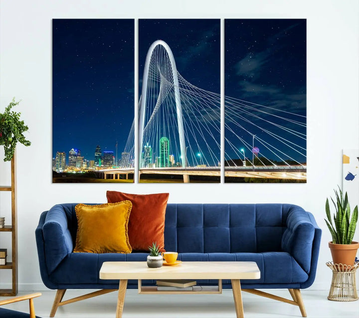 The living room features an eye-catching three-panel "Dallas City Bridge Lights Night Skyline Cityscape View Wall Art Canvas Print," beautifully presented on museum-quality canvas. Each piece is gallery wrapped and finished with a UV-protective coating to maintain its vibrant appeal.