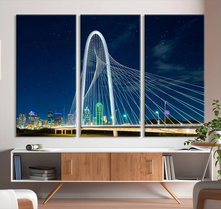 The living room features an eye-catching three-panel "Dallas City Bridge Lights Night Skyline Cityscape View Wall Art Canvas Print," beautifully presented on museum-quality canvas. Each piece is gallery wrapped and finished with a UV-protective coating to maintain its vibrant appeal.