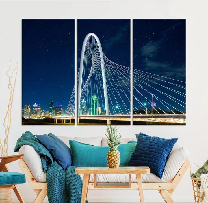 The living room features an eye-catching three-panel "Dallas City Bridge Lights Night Skyline Cityscape View Wall Art Canvas Print," beautifully presented on museum-quality canvas. Each piece is gallery wrapped and finished with a UV-protective coating to maintain its vibrant appeal.